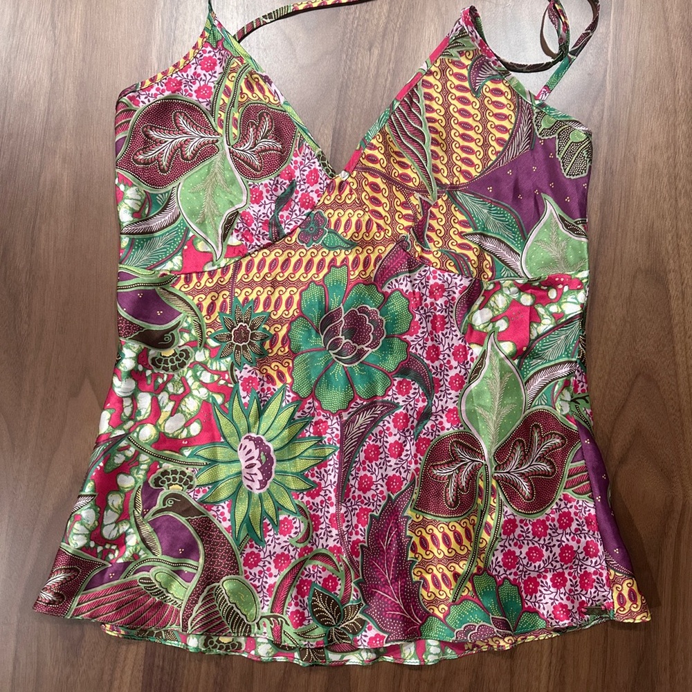 FARM Rio Vibrant Silky Floral Paisley V-Neck Cami in Pink, Green & Yellow